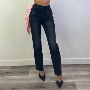 Black Washed Jeans with Pink Scarf